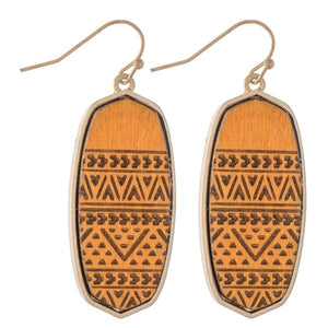 Wooden Tribal Print Oblong Drop Earrings