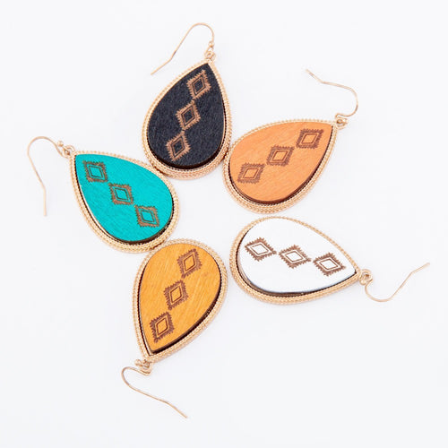 Wooden Tribal Stamped Teardrop Earrings