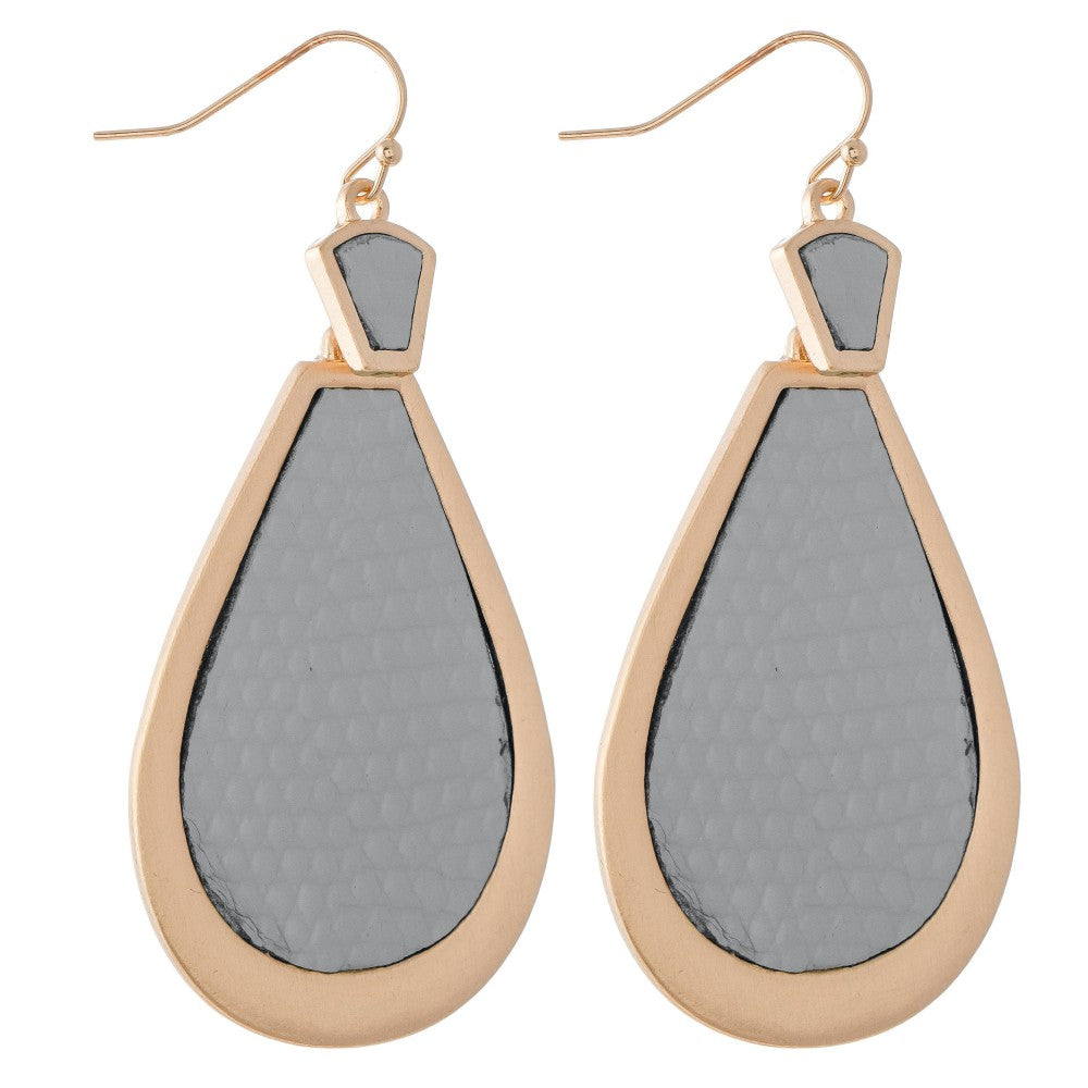 Metal Encased Faux Leather Hinge Teardrop Earrings