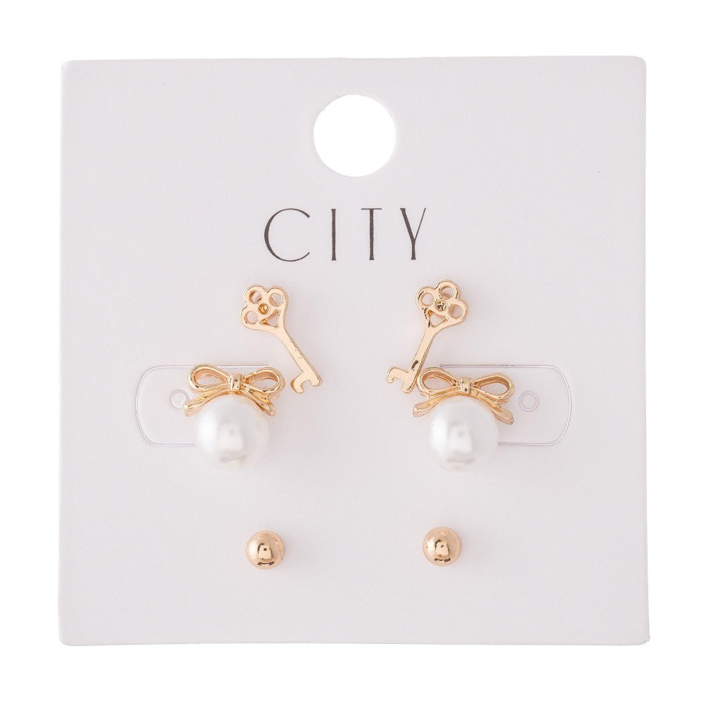 Pearl Bow Stud Earring Set