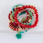 Red Multi Semi Precious Beaded Tassel Stacking Stretch Bracelet Set