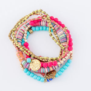 Pink Multicolor Sequin Beaded Boho Charm Tassel Stacking Bracelet Set