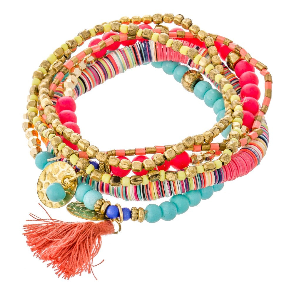 Pink Multicolor Sequin Beaded Boho Charm Tassel Stacking Bracelet Set