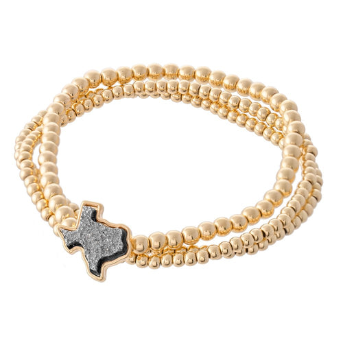 Gold Beaded Druzy Texas State Stretch Bracelet Set