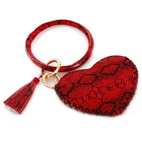 Red Snakeskin Heart Key Ring Bangle Wristlet