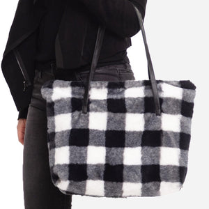 Faux Fur Buffalo Check Tote Bag