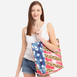 Leopard Print American Flag Beach Bag