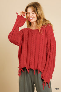 Red Cable Knit Pullover Sweater with Frayed Hem