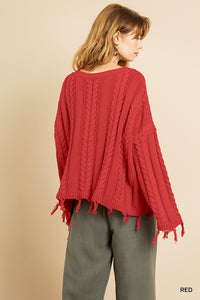 Red Cable Knit Pullover Sweater with Frayed Hem