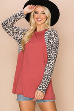 Load image into Gallery viewer, Solid With Stripe Print Contrast Top with Long Puff Sleeves