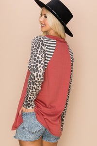 Solid With Stripe Print Contrast Top with Long Puff Sleeves