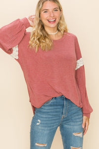 Scoop Round Neck Top with Lace Detail On Sleeves