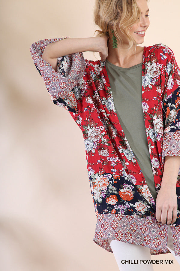 Red/Navy Floral Kimono