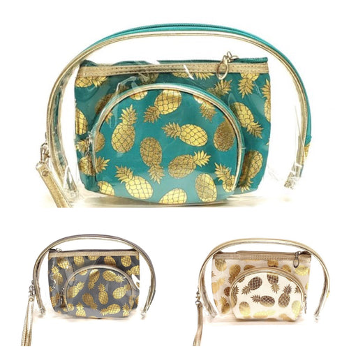 Metallic Pineapple Clear 3pc Travel Pouch Set
