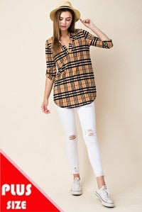 Mandarin Collar Plaid Top