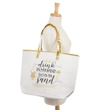 Load image into Gallery viewer, Metallic &quot;Drink in my Hand Toes in the Sand&quot; beach tote bag