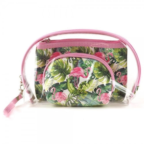 Pink tropical flamingo clear 3pc travel pouch set