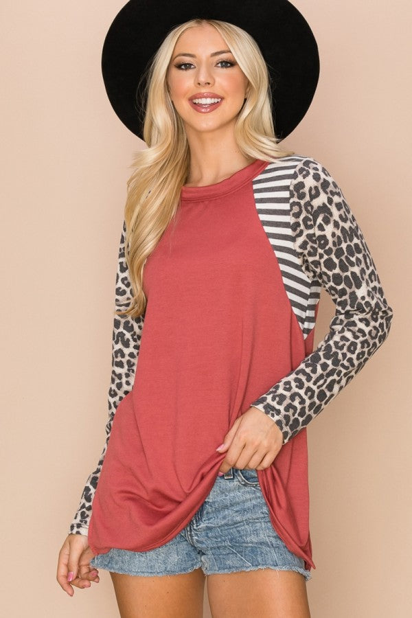 Solid With Stripe Print Contrast Top with Long Puff Sleeves